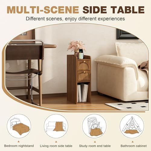 7.87" Narrow Nightstand Set of 2, Fluted Slim Bedside Table with 2 Drawers, Mid Century Modern Small End Table with Gold Metal Handles, for Bedroom, Living Room & Small Spaces - Walnut