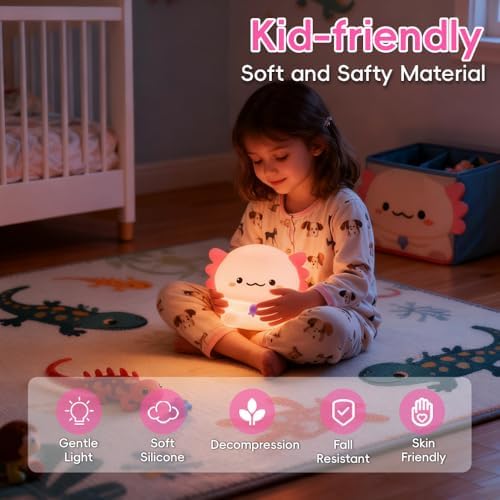 Axolotl Night Light for Kids, Rechargeable Lamp with Timer, Cute Room Decor