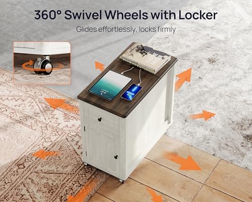 Rolling End Table with Wheels&Charging Station,Side Table with Drawer,White