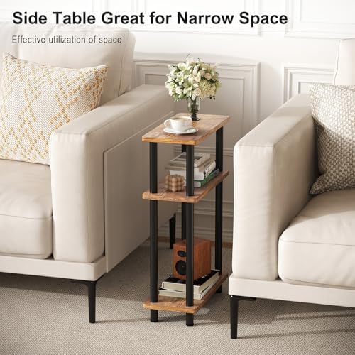 Apicizon Narrow Side Table with Fabric Basket, 3-Tier End Table,Brown Black