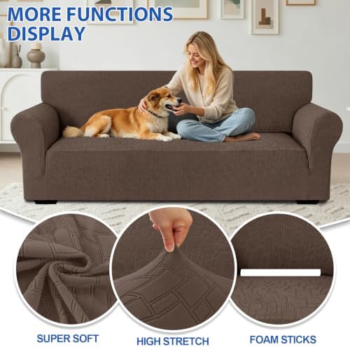 MAXIJIN Waterproof Couch Covers for Sofa (71"-91"), Stretch Sofa Cover Slipcovers with Non Slip Elastic Bottom, Dog Pet Friendly Furniture Protector Washable (Large, Coffee)