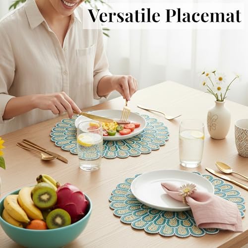 ALPHA Living HOME Beaded Placemats 13 Inch Green White Round Table Mats