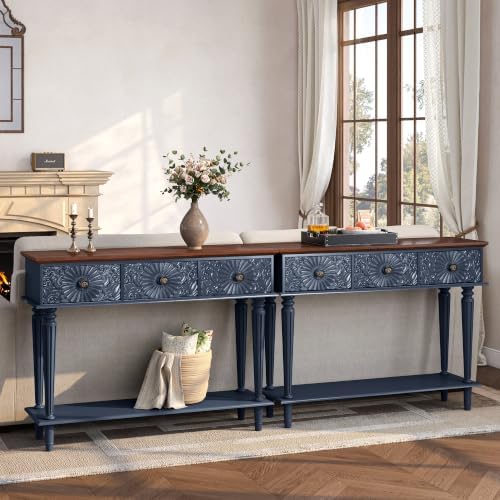Retro Console Table with 3 Carved Floral Drawers for Entryway, Blue
