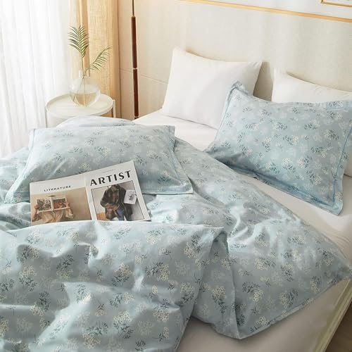 Blue Grey Flower Duvet Cover Set 100% Cotton Queen(90"x90"),White Daisy