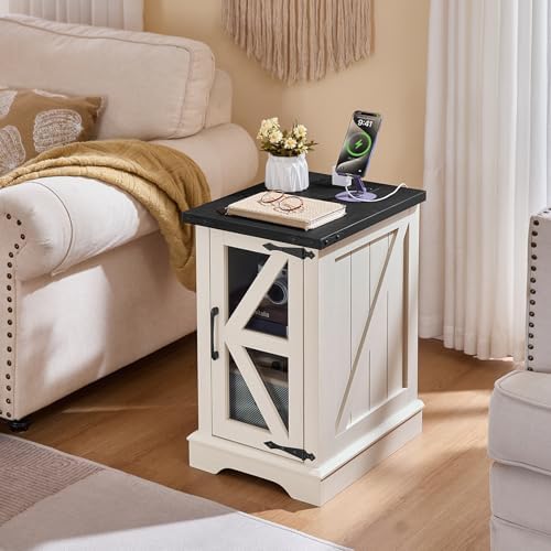 Joaxswe Narrow Night Stand Set 2 with Charger Station, Glass Barn Door
