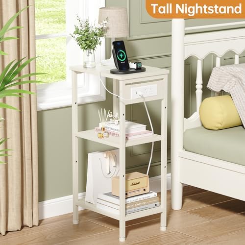 Asgolion Tall End Table with Charging Station, Narrow Tall Side Table