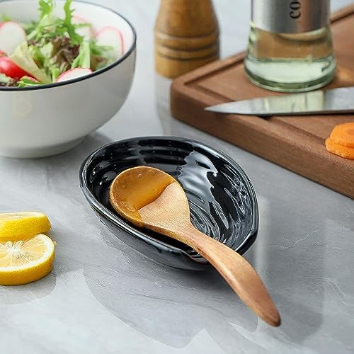 Hasense Spoon Rest for Stove Top, Spoon Holder for Kitchen Counter, Ceramic Cooking Spoon Holder for Ladle Spatula Tong and Spoon, Kitchen Utensil Rest for Home Coffee Bar Farmhouse Decor, Black