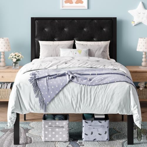 SHA CERLIN Twin Size Metal Bed Frame with PU Tufted Headboard, Black
