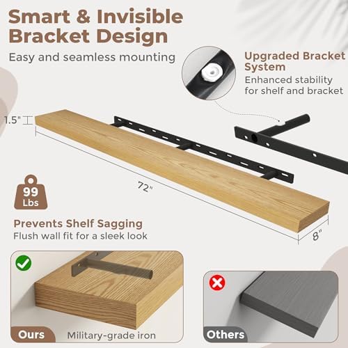 72 Inch Floating Shelves for Wall, 8"D Wood Storage Shelves, Oak Finish