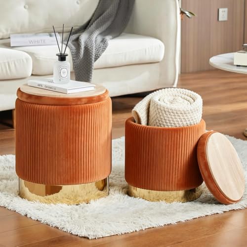 Round Ottoman with Storage, Orange Velvet, Set of 2 Vanity Stool