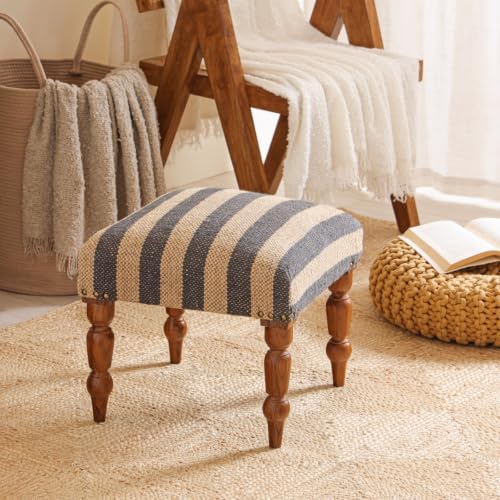 Handmade Jute Ottoman Stool with Wooden Legs | Square Upholstered Foot Rest & Accent Seating | Woven Vanity Stool for Living Room, Bedroom, Hall, Entryway & Home Décor (White)