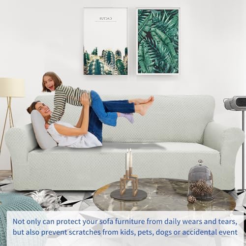 ZNSAYOTX 1 Piece Jacquard Couch Covers for 2 Cushion Couch High Stretch Loveseat Slipcover for Pets Dogs Anti Slip Love Seat Sofa Slipcover Furniture Protector (Medium, Ivory)