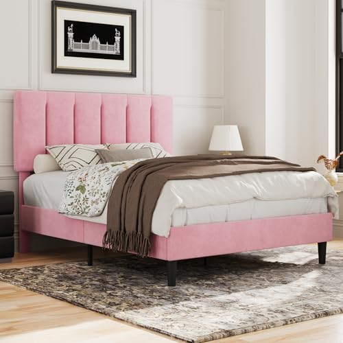 VECELO Full Size Bed Frame with Upholstered Headboard, Velvet & Pink