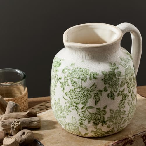 Ceramic Vintage Flower Vase, Utensil Holder, Green and White Decorative Vase Chinoiserie Decor Rustic Farmhouse Retro Floral Vases for Table Bookshelf Mantel Kitchen Living Room - 6.7” Green 016