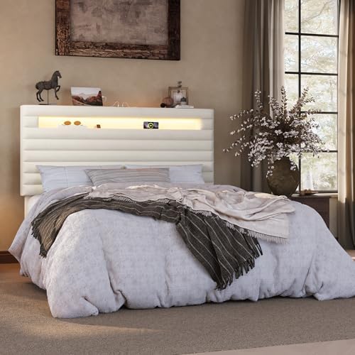 SHA CERLIN Full Bed Frame with LED Light & 2-Tier Storage Shelf, Cream