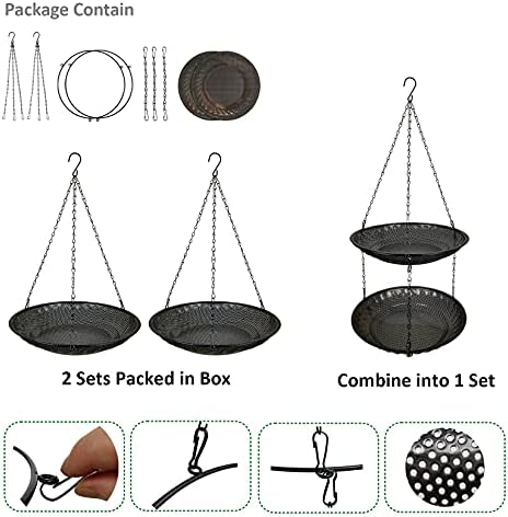 CQAIRIOU Premium Hanging Bird Feeder Tray(2 Set),Size 11.8” Large Platform Bird Feeder Metal Mesh Tray,Wild Bird Feeder for Outside Hanging Seed Platform,Combinable Style to Double Layer