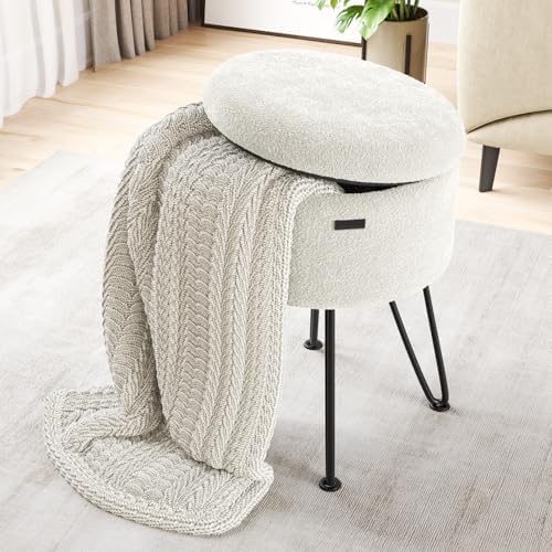 Round Ottoman with Storage, Boucle Storage Ottoman, Foot Stool Ottomans, Makeup Vanity Stool, Small Ottomans Foot Rest, Modern Vanity Stools for Living Room and Bedroom, Cream