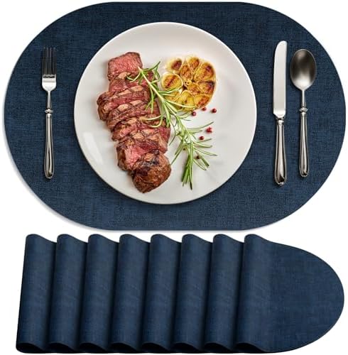 Faux Leather Oval Placemats Set of 8, Dark Blue