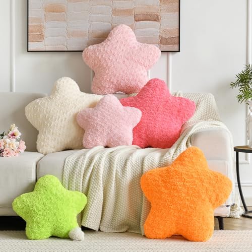 Star Pillow, 14.9" Star Shaped Plush Pillow for Couch Bed Sofa, Cute Decorative Throw Pillows with Soft Faux Fur Room Decor for Bedroom Living Room (Rose Pink)