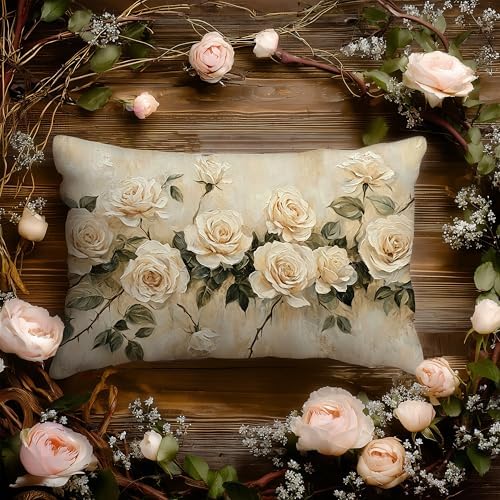 French Country Rose Floral Pillow Cover 12x20 Double-Sided, Vintage Cream Flower Decorative Lumbar Throw Pillow Cover for Home Bedroom Living Room