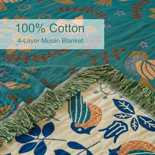 Boho Throw Blanket, 100% Soft Cotton Floral Quilt, King 90"x 98"