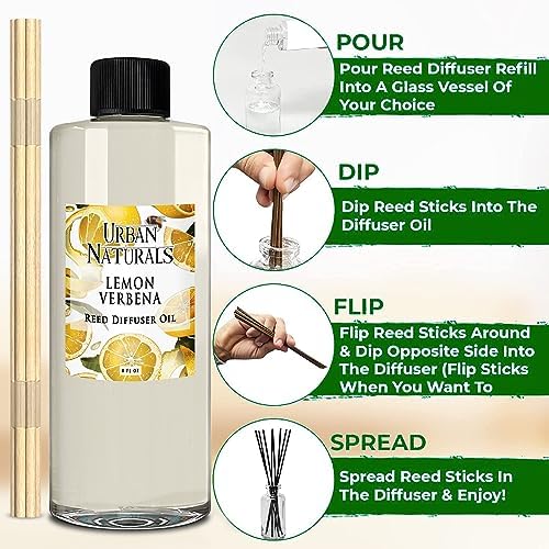 Urban Naturals Reed Diffuser Oil Refill Lemon Verbena with Lemon Zest, Bergamot, Vetiver, Cedarwood 8 oz + Free Reed Sticks, Made in the USA