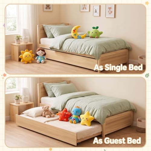 Daybed with Trundle, Twin Size Pull Out Bed, Solid Wood Extendable Day Bed with Trundle, Include Slat Support (Natural, Trundle)