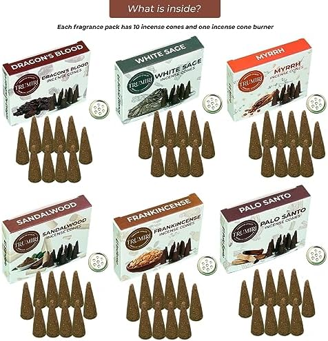 Trumiri Woody Incense Cones - Variety Pack - Total 60 Cone Incense (6 Scents x 10 Conos) - White Sage, Palo Santo, Dragons Blood, Sandalwood - Inscents-Cones Scented - Insense Cones - Incent Cone