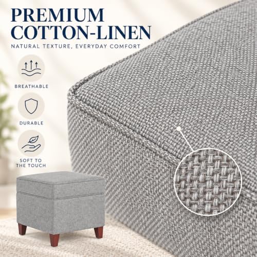 Adeco 17 Inch Square Linen Storage Ottoman for Living Room & Bedroom, Small Upholstered Footrest Stool with Hinged Lid and Wood Legs, Modern Accent Furniture, Light Gray