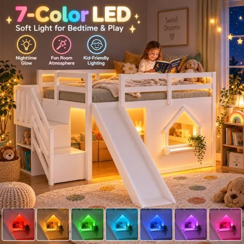 Twin Loft Bed with Slide for Kids, LED Lights & Storage, White