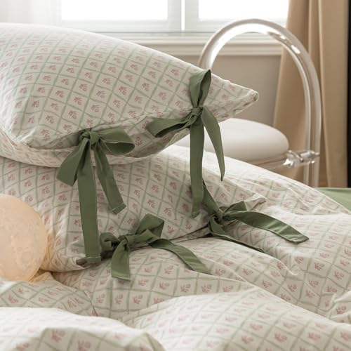 Pink Floral Duvet Cover Queen Cottage Vintage Bedding Set Queen Aesthetic Flower Cute Girls Duvet Cover Set with 2 Green Bowknot Pillow Shams Soft Cotton Grid Plaid Cream Comforter Cover