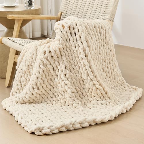 Bigacogo Chunky Knit Throw Blanket for Couch, 40x40 inches, Beige