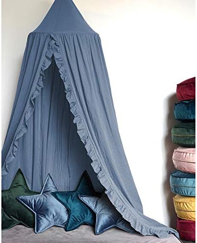 Bed Canopy with Frills Reading Nook Game Tent for Kids Boho Hanging Net Play Room Decor(Blue)