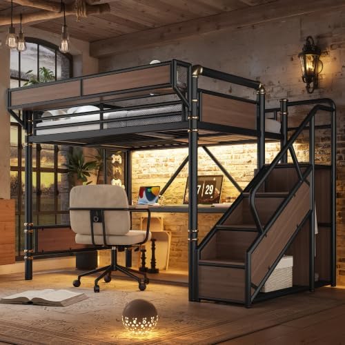 Full Size Metal Loft Bed Frame with Storage Staircase, Desk, Black