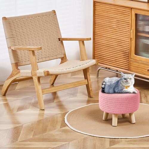 13" Round Handmade Cotton Knitted Boho Small Ottoman with Non-Skid Wood Leg