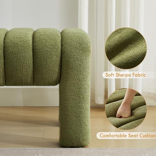 43.3" Boucle Bed Bench for Bedroom, Upholstered Linen Bench, Green