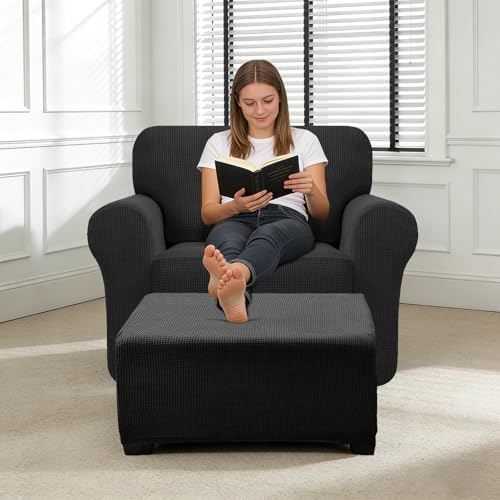 2 Piece Stretch Chair and Ottoman Cover Set, Jacquard Accent Armchair and Foot Stool Slip Cover, Non-Slip Slipcover for Chair with Footrest (Black,2 Pieces Set)