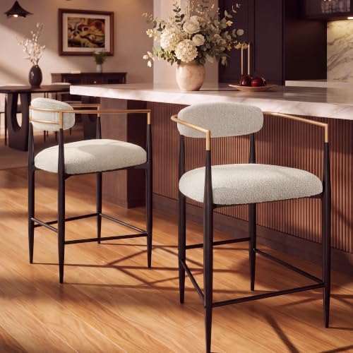 Morden Fort Counter Height Bar Stools Set of 2 with Gold Arms, Cream Boucle