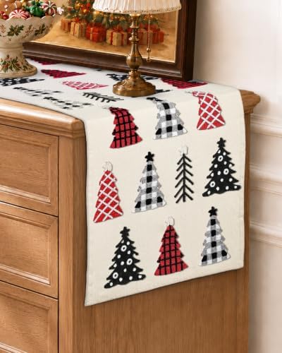 Miss Adola Embroidered Canvas 13"x90" Christmas Table Runner, Tree Crew