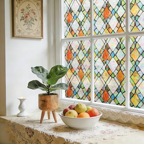 LEMON CLOUD Window Privacy Film, Stained Glass Window Cling,11.8″ x 78.7″