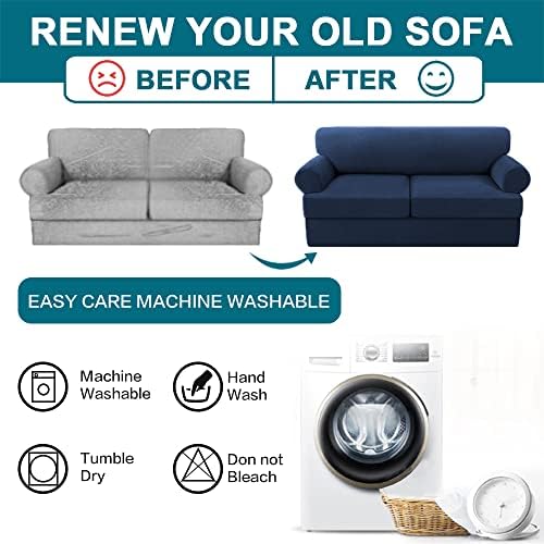 Turquoize 3 Piece T Cushion Sofa Slipcovers Stretch Couch Cover Furniture Covers with 2 Individual T Cushion Covers, Machine Washable (2 Cushion Sofa, Navy)