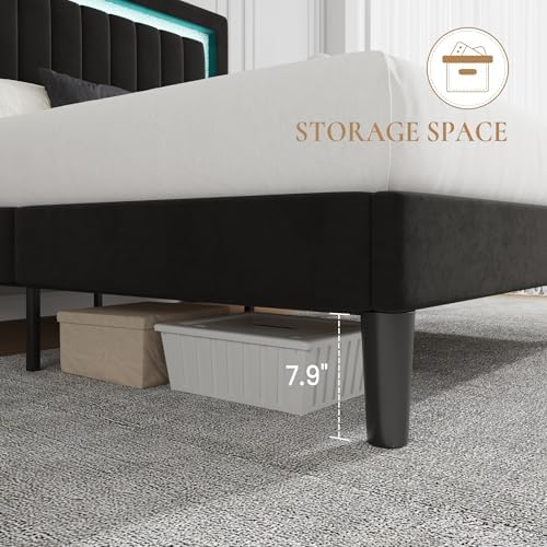 SHA CERLIN King Size Velvet Bed Frame with LED Light, Black
