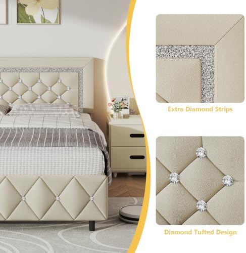 Lullabyre Queen Size Bed Frame with Headboard, Faux Leather Bed with Diamond Tufted Design, Bed Frames Queen with Wood Slats Support, No Box Spring Required, Easy Assembly, Cream