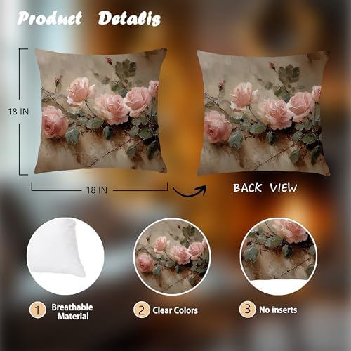 Vintage Moody Pink Rose Floral Pillow Cover 18x18 Double-Sided, French Country Farmhouse Pink Flower Throw Pillow Cover Case for Home Bedroom Living Room