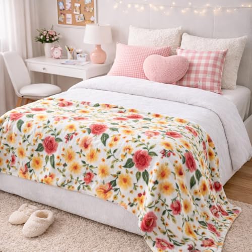Soft Fleece Throw Blanket, Elegant Floral Wild Flowers Pink Yellow, 50x70