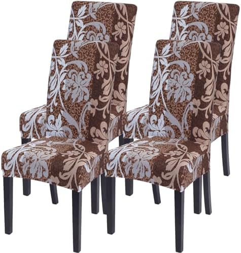 SearchI Dining Room Chair Covers Set of 4, Stretch Printed Parsons Chair Slipcovers Removable Washable Kitchen Chair Protector Cover for Dining Room, Hotel, Ceremony (Brown+Flower)