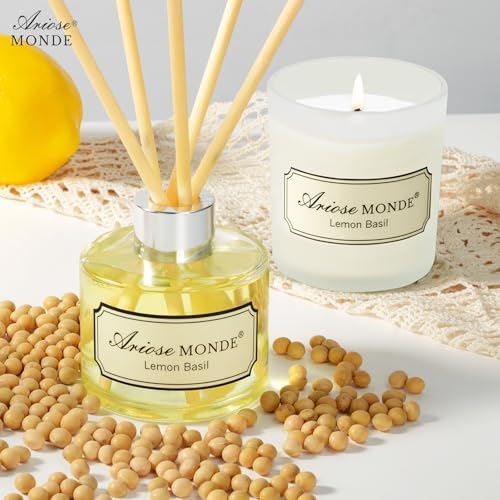 Reed Diffuser & Candle Gift Set, Lemon Oil Diffuser for Bathroom Decor