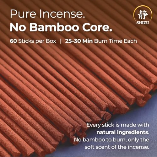 Shizu Mystic Amber Incense Sticks – Artisanal Temple Grade Japanese Incense with Brass Holder – Subtle, Calming Scent for Relaxation, Meditation & Home Spa, Elegant Gift Set (60 Sticks)