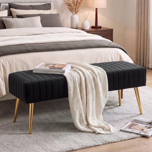 Furniliving 44 Inch Bedroom Bench, Upholstered Tufted Striped Fabric Ottoman Benches with X-Shaped Metal Legs for Living Room, Entryway Solid Wood Indoor Bench for Foyer (Black)
