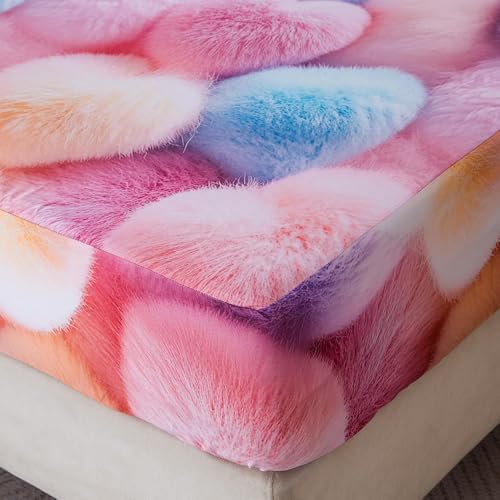 Bedding Fitted Sheet with Deep Pocket,3D Pattern Sweet Heart Printed Fabric Bed Sheets (Pink Heart, Queen)